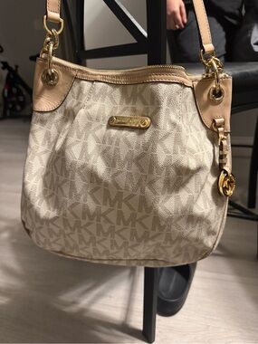 Michael Kors Beige and Tan MK Logo Shoulder Bag